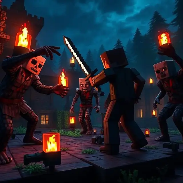 Minecraft zombies attacking a player at night near a village, including baby zombies, drowned, husks, and a zombie villager, with torches lighting the scene.