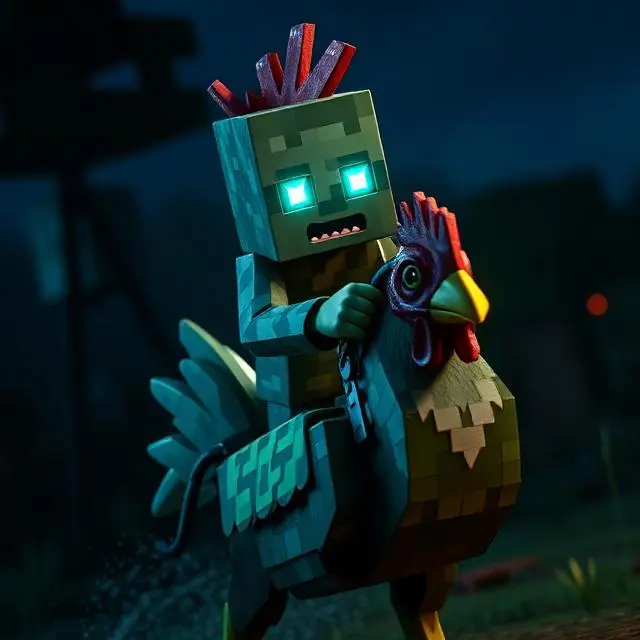 Minecraft chicken jockey with baby zombie riding chicken at night